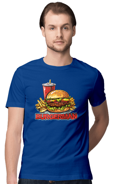 Футболка чоловіча з принтом "Burgerman". Бургер, для чоловіків, їжа, літні, макдональдс, прикольні, трендові, фаст фуд, чоловічі. 2070702