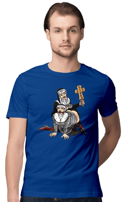 Футболка чоловіча з принтом "Монашки БДСМ". Бдсм, крута, модна, молодіжна, плескає по дупі, рок, рольові ігри, черниці бдсм, черницю, черниця. 2070702