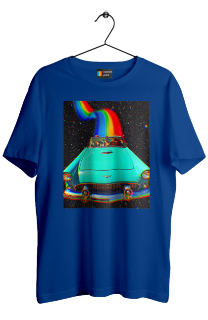 Футболка чоловіча з принтом "Картина, машина у космосі". Веселка, картина, космос, машина, подорожі, поїздка, прикол, ретро. 2070702