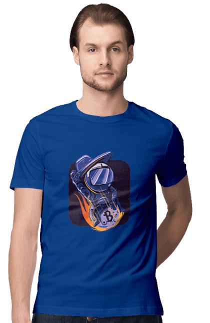 Футболка чоловіча з принтом "Космо біткоїн". Биткоин, бінарний, біткоїн, біткойн, валюта, гроші, крипто, програміст, хакер. 2070702