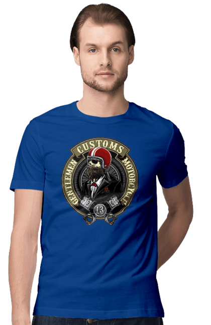 Men`s t-shirt with prints Gentlemen motorcycle. Gentleman, helmet, motorcycle, skull. 2070702