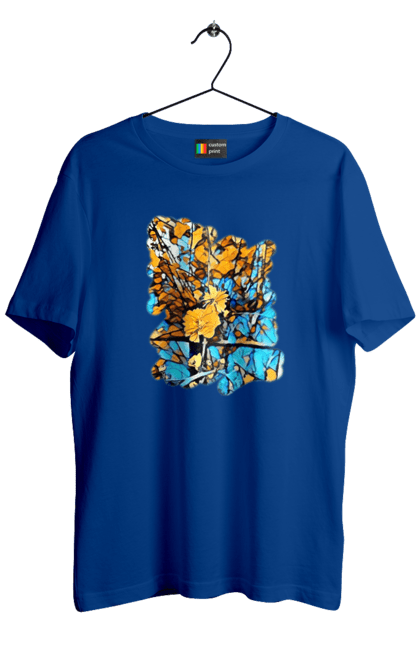 Men`s t-shirt with prints Yellow flowers on a blue background. Art, blue and yellow, blue yellow, drawing, flowers, nature, yellow and blue, yellow blue, yellow flowers. 2070702
