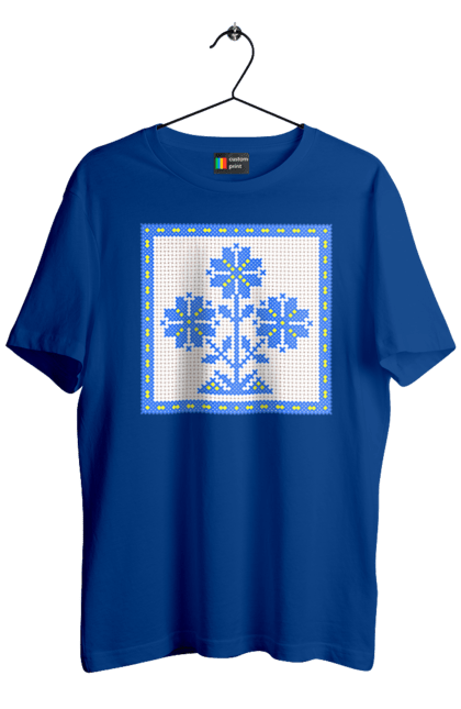 Футболка чоловіча з принтом "Жовто блакитна вишивка квіти". Вишивка, вишивка хрестиком, квіти, символ україни, традиції україни, україна. 2070702