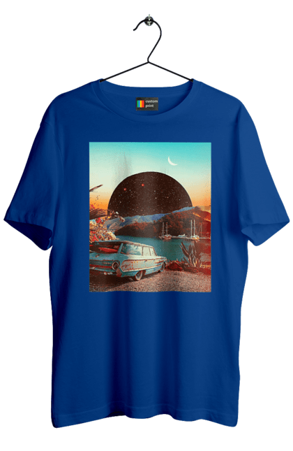 Футболка чоловіча з принтом "Картина, машина біля річки". Картина, машина, планета, прикол, ретро, річка. 2070702