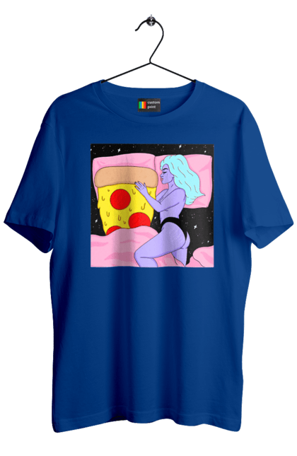 Футболка чоловіча з принтом "Фіолетова Дівчина І Піца". Дівчина, ліжко, піца. 2070702