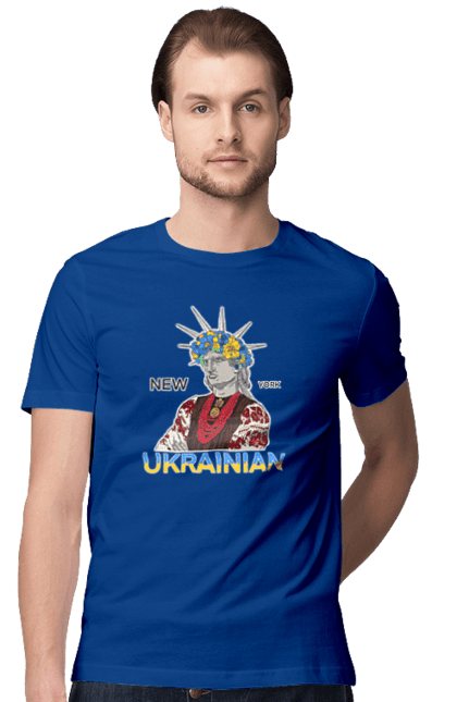 Футболка чоловіча з принтом "UA & NY". Вишиванка, вінок, нью йорк, статуя свободи, україна. 2070702