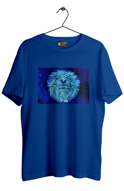 Футболка чоловіча з принтом "Лев Знак Зодіаку". Астрологія, астрономія, доля, знак зодіаку, знаки зодіаку, зодіак, лев, передбачення, символ, синій, цикл. ART принт на футболках