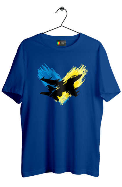 Футболка чоловіча з принтом "Літак F 16". З прапором, зсу, літак, літак f16, патріотична, прапор, ф16. 2070702