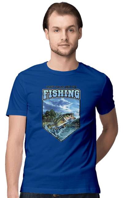 Футболка чоловіча з принтом "Keep Calm and Go Fishing". Відпочинок на природі, для рибалок, для чоловіків, мисливці та риболови, природа, рибалка, риболовля, спінінг, хоббі. 2070702