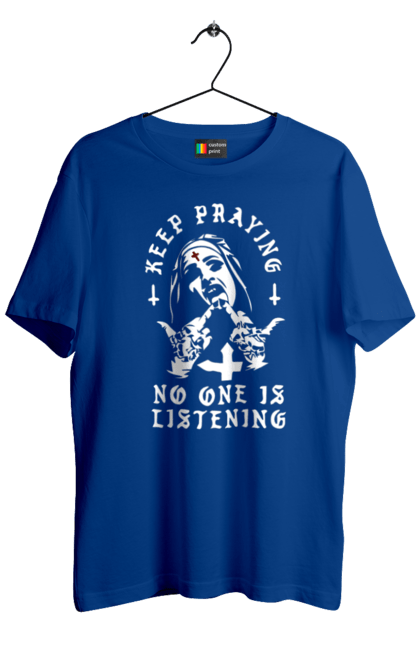 Футболка чоловіча з принтом "Монашка фак". Крута, метал, модна, молодіжна, ніхто не слухає, продовжуй молитися, рок, стильна, фак, черниця. 2070702