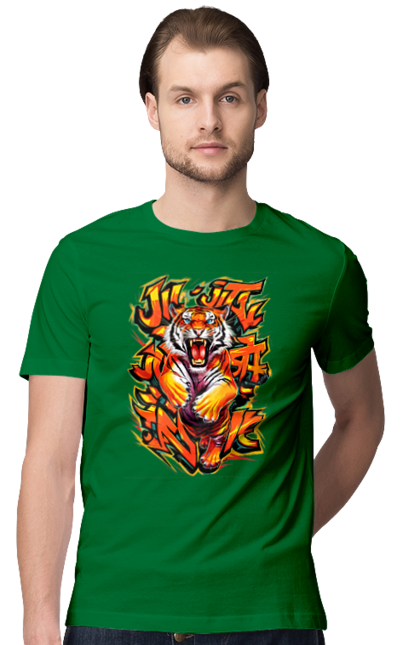 Men's t-shirt with prints Jujutsu. Animal, japan, jiu jitsu, jujutsu, martial arts, ninja, samurai, sport, tiger. 2070702