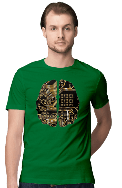 Футболка чоловіча з принтом "Мозок Айті". Айті, айтішник, гик, знання, золотий, золото, інженер, кібер, кібернетика, кіборг, код, комп, кристал, мікросхема, мозок, програміст, професіонал, професія, розробник, розум, чіп. 2070702