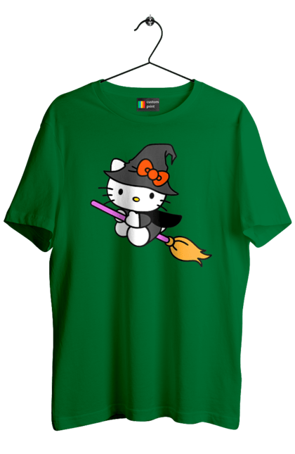 Футболка мужская с принтом Хелло Китти Хэллоуин. Halloween, hello kitty, witch, бренд, ведьма, кот, котенок, персонаж, хелло китти, хэллоуин. 2070702