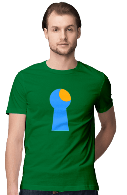 Футболка чоловіча з принтом "Замочная скважина". Відчини двері, двері, замок, ключ, свердловина, світло крізь, цікавість, щілина. 2070702