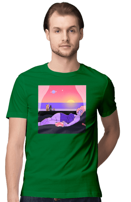 Футболка чоловіча з принтом "Фіолетова Дівчина На Відпочинку". Дівчина, захід, телефон. 2070702