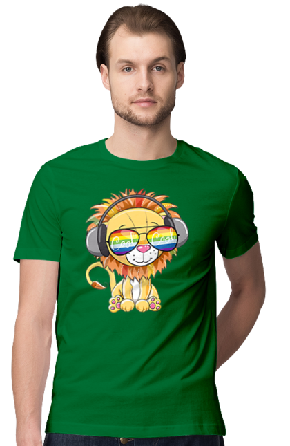 Футболка чоловіча з принтом "Левеня В Окулярах І Навушниках". Лев, левеня, навушники, окуляри. 2070702