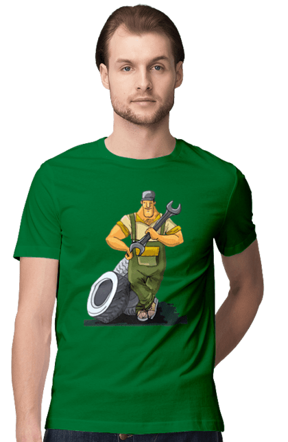 Men`s t-shirt with prints Car Mechanic. Profession, wheels, wrench. 2070702