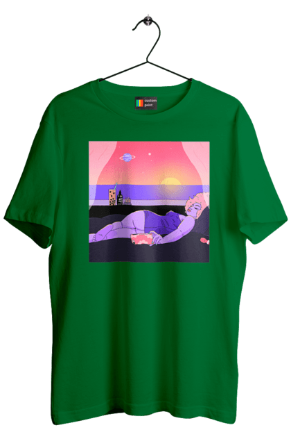 Футболка чоловіча з принтом "Фіолетова Дівчина На Відпочинку". Дівчина, захід, телефон. 2070702