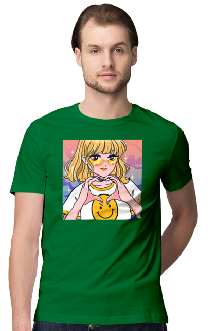 Men`s t-shirt with prints Yellow Girl. Anime, girl, smiley. 2070702
