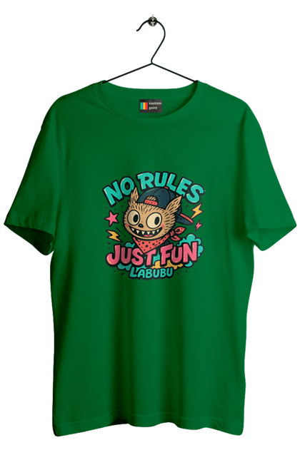 Футболка чоловіча з принтом "Лабубу". Norulesjustfun, y2k, бандана, вуличний стиль, грайливий, графіті, зухвалий, лабубу, ретромультяшка, яскраво. 2070702