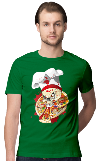 Футболка чоловіча з принтом "Кухар скелет, їсть піцу". Піца, повар, скелет, череп. CustomPrint.market
