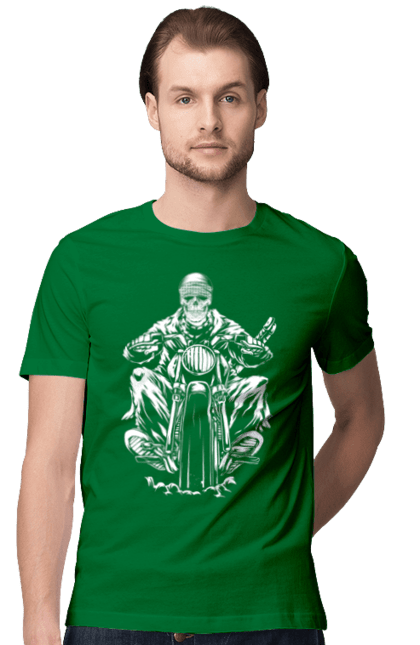 Men`s t-shirt with prints Skull on a motorcycle. Biker, motorcycle, skeleton, skull. 2070702
