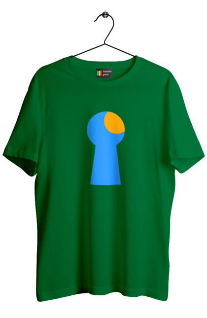 Футболка чоловіча з принтом "Замочная скважина". Відчини двері, двері, замок, ключ, свердловина, світло крізь, цікавість, щілина. 2070702