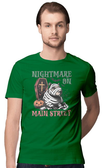 Men's t-shirt with prints Capybara Halloween. Animal, capybara, ghost, halloween, holiday, moon, mummy, pumpkin, rodent. 2070702