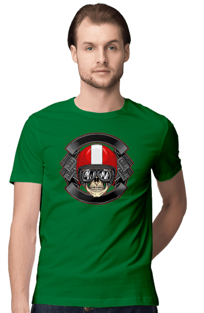 Футболка мужская с принтом Череп мотоциклист. Мотоциклист\, череп, шлем. 2070702