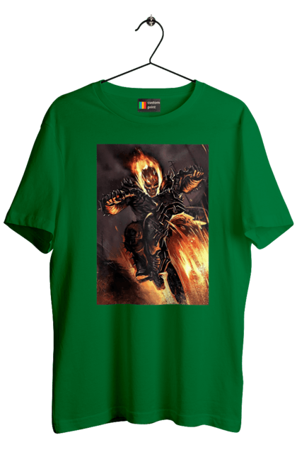 Футболка мужская с принтом Адский Гонщик. Адский гонщик, мотоцикл, огонь, скелет, чоппер. 2070702