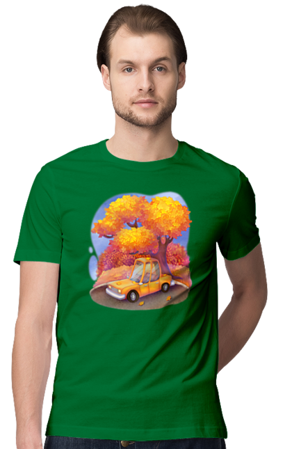 Футболка чоловіча з принтом "Осiнь Авто Дерево". Дерево, жовтий мила ілюстрація, машина, осінь, помаранчевий. 2070702