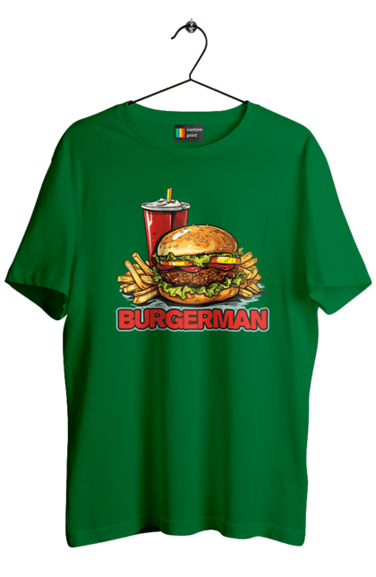 Футболка чоловіча з принтом "Burgerman". Бургер, для чоловіків, їжа, літні, макдональдс, прикольні, трендові, фаст фуд, чоловічі. 2070702