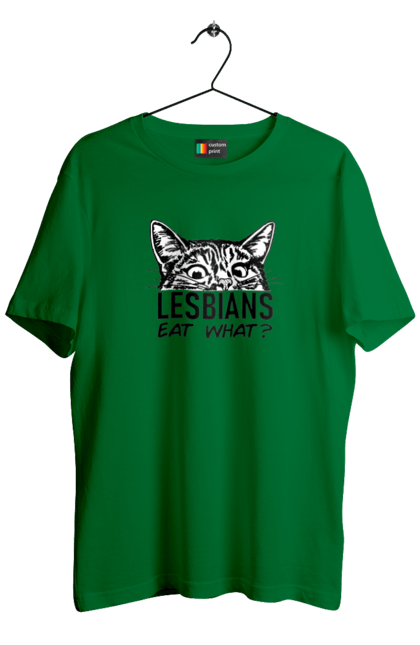 Men`s t-shirt with prints What do lesbians eat?. Funny inscriptions, humor, jokes, kittens, lesbians, lgbt. 2070702