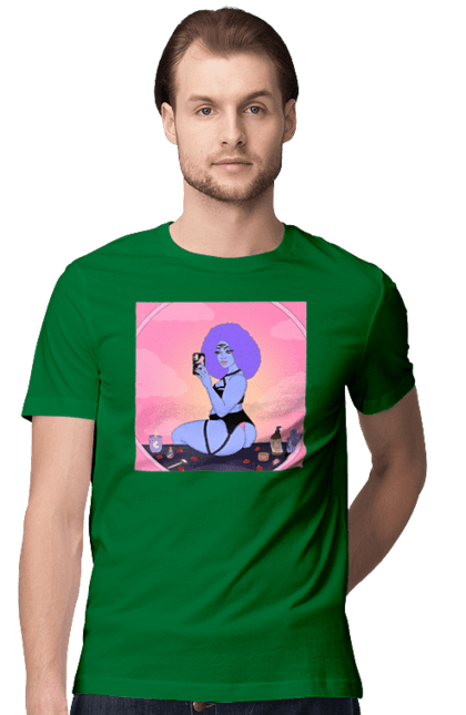 Men`s t-shirt with prints Purple Girl Photo In The Mirror. Mirror, whiteness. 2070702