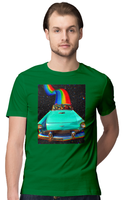 Футболка чоловіча з принтом "Картина, машина у космосі". Веселка, картина, космос, машина, подорожі, поїздка, прикол, ретро. 2070702