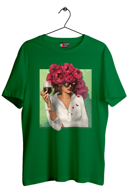 Футболка чоловіча з принтом "Дівчина з півоніями та келихом". Вино, дівчина, квітка, келих, літо, окуляри, півонії, сорочка. 2070702