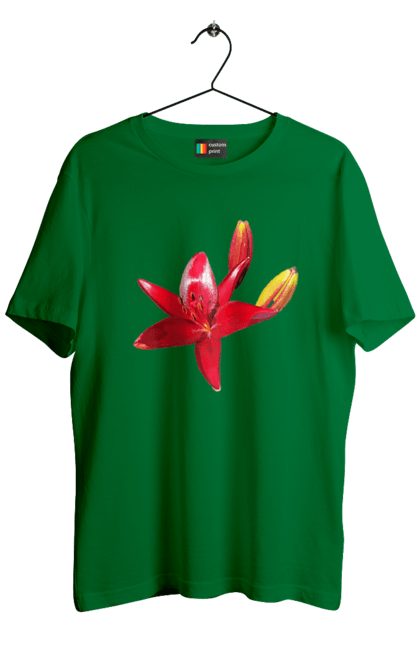 Men`s t-shirt with prints Red lily. Bright, bud, buds, color, flower, lily, nature, red, red flower, red lily, sunny. 2070702