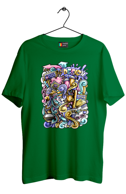 Футболка чоловіча з принтом "Школа навчання". Зошит, калькулятор, канцелярія, навчання, олівець, ручка, школа. 2070702