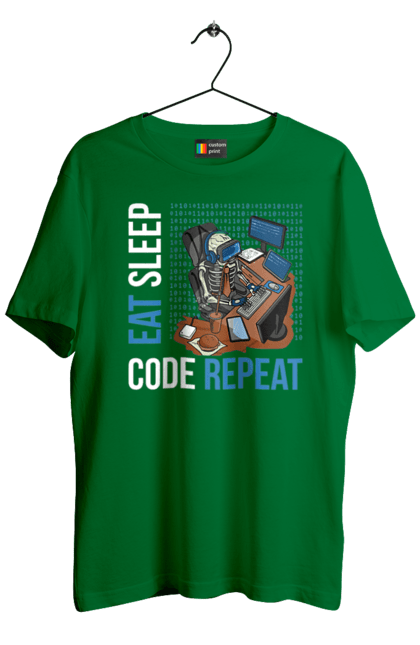 Men`s t-shirt with prints Eat Sleep Code Repeat. Code, code repeat, developer, eat sleep, it specialist, java, javascript, php, programmer, python. 2070702