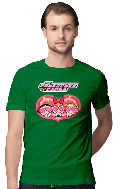 Men's t-shirt with prints Powerpuff Girls. Animated series, blossom, bubbles, buttercup, cartoon network, cool girls, heart, powerpuff girls. 2070702