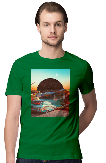 Футболка чоловіча з принтом "Картина, машина біля річки". Картина, машина, планета, прикол, ретро, річка. 2070702