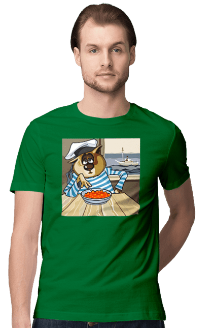 Men`s t-shirt with prints Cat Sailor, On The Ship Eats Red Caviar. Cat, caviar, sailor, ship. 2070702