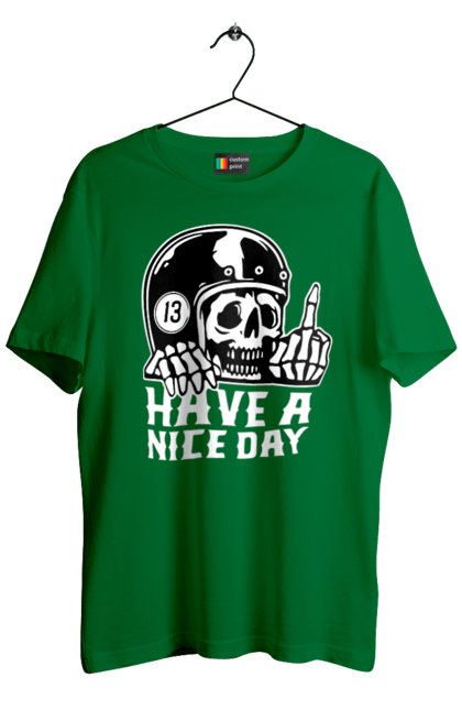 Men`s t-shirt with prints Have a nice day. Fak, have a, nice day, scull, thirteen, with a skull. 2070702