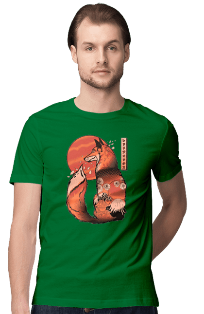 Футболка чоловіча з принтом "Кіцуне". Animal, cherry blossoms, fox, japan, japanese, kitsune, mount fuji, red fox, vintage, кіцуне. 2070702