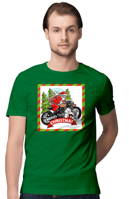 Men`s t-shirt with prints Santa on a motorcycle. Christmas, motorcycle, new year, presents, santa, snowman, tree. 2070702