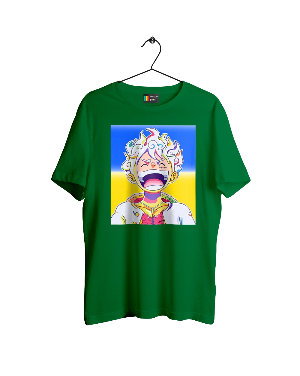 Monkey D Luffy laughing on a yellow blue background