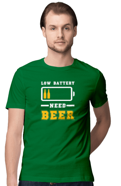 Футболка чоловіча з принтом "Low battery need beer". Алкоголь, брутальні, літні, пиво, прикольні принти, чоловічі. 2070702