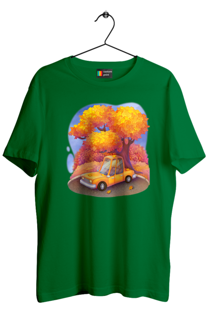Футболка чоловіча з принтом "Осiнь Авто Дерево". Дерево, жовтий мила ілюстрація, машина, осінь, помаранчевий. 2070702