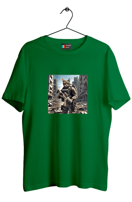 Футболка чоловіча з принтом "Кіт десантник". Бронежилет, війна, військовий, гвинтівка, захисник, камуфляж, кіт, рушниця. 2070702