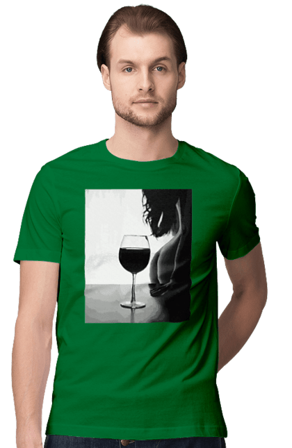 Футболка чоловіча з принтом "Келих вина". Вино у келиху, грація, знову п`ятниця, очікування, тіло жінки, форми жіночого тіла. 2070702